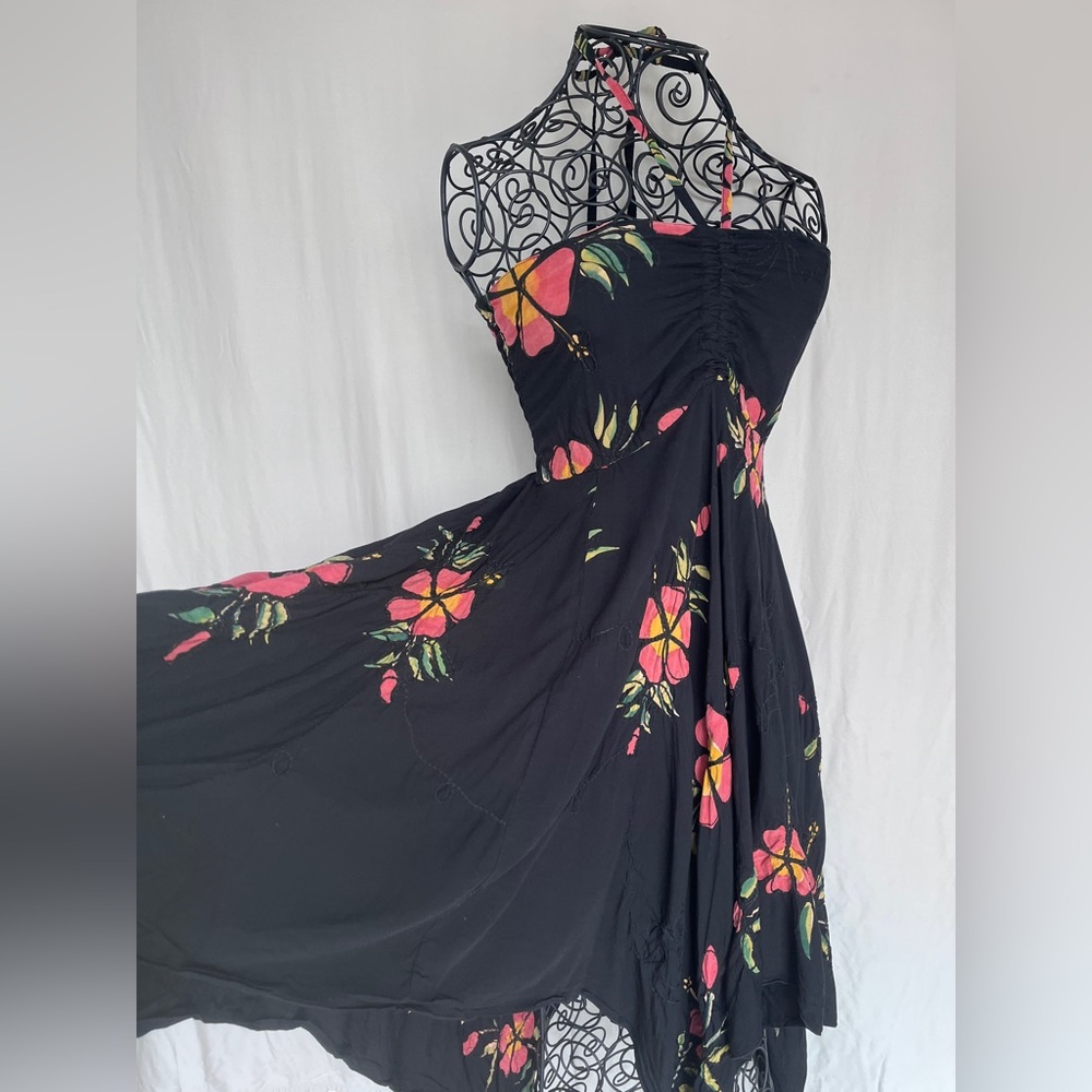 Raviya Batik Floral Handkerchief Hem Dress Smocked Strapless/Halter S/M